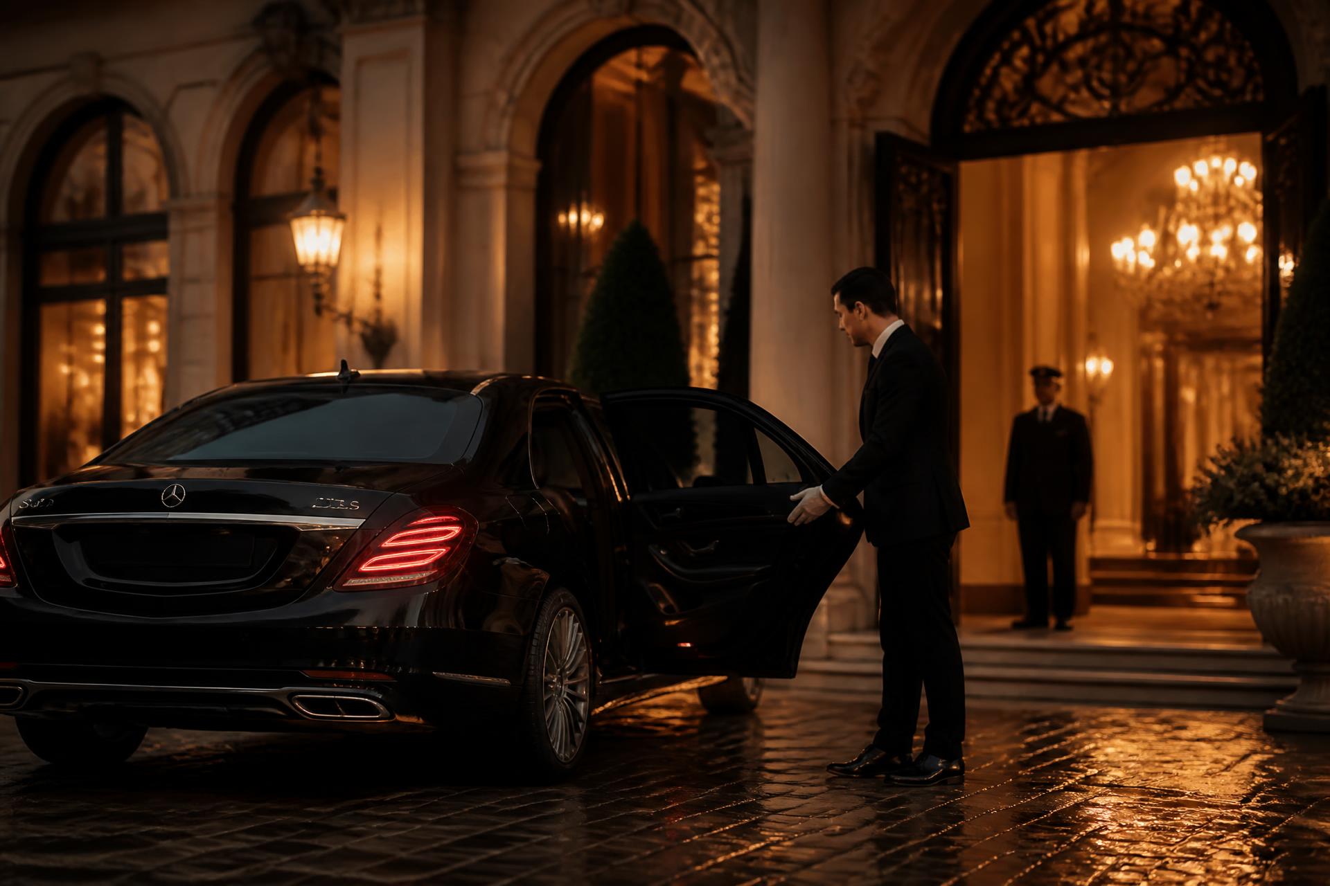 Chauffeur opening the rear door of a black Mercedes-Benz S-Class at a grand hotel entrance